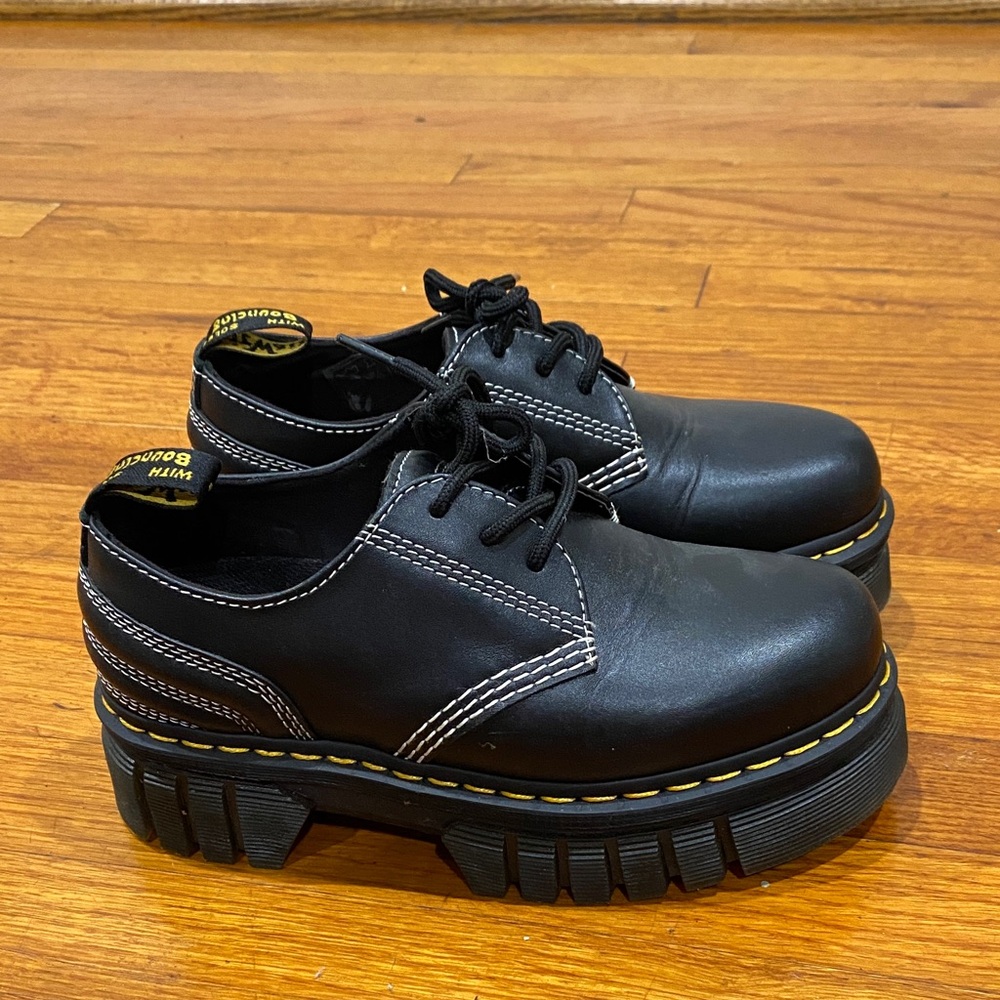 Dr. Martens Black Leather Oxfords with Yellow Stitching